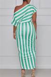 Green Fashion Casual Striped Print Asymmetrical Oblique Collar Short Sleeve Dress