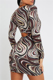 Coffee Fashion Sexy Print Hollowed Out Draw String Frenulum O Neck Long Sleeve Dresses