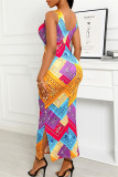 Yellow Fashion Sexy Print Backless Slit O Neck Sleeveless Dress