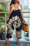 Black Casual Street Print Tie Dye Patchwork V Neck Loose Jumpsuits