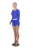 Blue Fashion Solid Mesh O Neck Long Sleeve Two Pieces