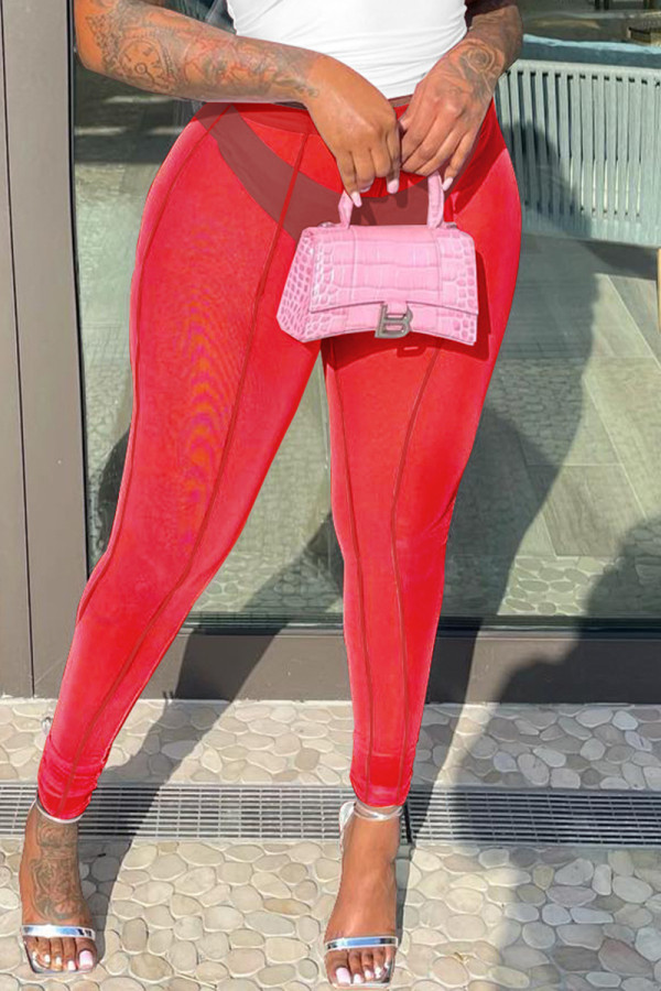 Red Fashion Sexy Solid See-through Skinny High Waist Pencil Trousers