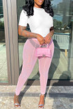 Pink Fashion Sexy Solid See-through Skinny High Waist Pencil Trousers