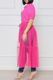 Pink Fashion Casual Solid Split Joint Turndown Collar Short Sleeve Dress Dresses
