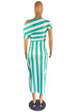 Green Fashion Casual Striped Print Asymmetrical Oblique Collar Short Sleeve Dress