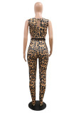 Leopard Print Fashion Sexy Print Leopard Hollowed Out Patchwork O Neck Skinny Jumpsuits