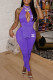 Purple Fashion Sexy Print Backless O Neck Sleeveless Two Pieces