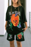 Black Fashion Casual Print Basic O Neck Short Sleeve Two Pieces