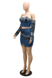 Blue Fashion Sexy Patchwork Print Backless Off the Shoulder Long Sleeve Two Pieces