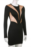 Black Fashion Sexy Patchwork See-through O Neck Long Sleeve Dresses