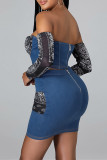 Blue Fashion Sexy Patchwork Print Backless Off the Shoulder Long Sleeve Two Pieces