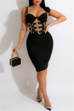 Red Fashion Sexy Solid Hollowed Out Patchwork Backless Spaghetti Strap Sleeveless Dress Dresses