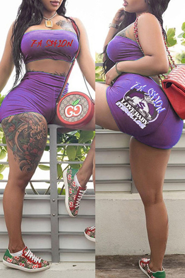 Purple Casual Street Print Patchwork Strapless Sleeveless Two Pieces