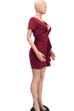 Color Blue Sexy Solid Patchwork V Neck Pencil Skirt Dresses