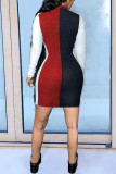 Black Red Fashion Casual Solid Patchwork Zipper Collar Long Sleeve Dresses