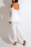 White Sexy Solid Mesh Off the Shoulder Long Sleeve Two Pieces