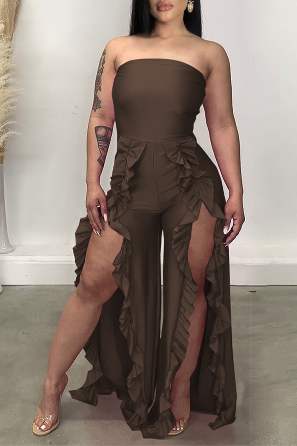 Coffee Sexy Solid Flounce Strapless Boot Cut Jumpsuits