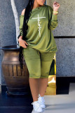 Grey Fashion Casual Print Basic Oblique Collar Long Sleeve Two Pieces