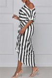 Green Fashion Casual Striped Print Asymmetrical Oblique Collar Short Sleeve Dress
