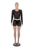 Blue Fashion Solid Mesh O Neck Long Sleeve Two Pieces