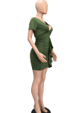 Color Blue Sexy Solid Patchwork V Neck Pencil Skirt Dresses