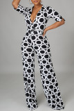 Black White Fashion Casual Print Basic V Neck Regular Jumpsuits (Without Belt)