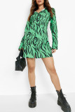 Green Casual Print Patchwork Buckle Turndown Collar Shirt Dress Dresses