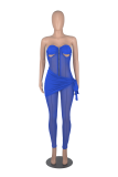 Blue Sexy Solid Mesh Strapless Skinny Jumpsuits