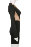 Black Fashion Sexy Patchwork See-through O Neck Long Sleeve Dresses