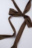 Coffee Sexy Solid Hollowed Out Patchwork Slit Asymmetrical Oblique Collar Long Sleeve Two Pieces