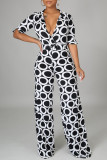Black White Fashion Casual Print Basic V Neck Regular Jumpsuits (Without Belt)