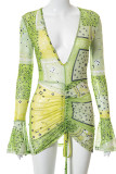 Orange Sexy Print Patchwork Fold V Neck Pencil Skirt Dresses