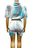 Pink Fashion Casual Print Tie Dye Basic O Neck Short Sleeve Two Pieces