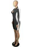 Black Red Fashion Casual Solid Patchwork Zipper Collar Long Sleeve Dresses