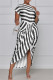 Black Fashion Casual Striped Print Asymmetrical Oblique Collar Short Sleeve Dress