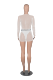 Blue Fashion Solid Mesh O Neck Long Sleeve Two Pieces