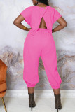Pink Casual Print Patchwork Backless O Neck Short Sleeve Two Pieces