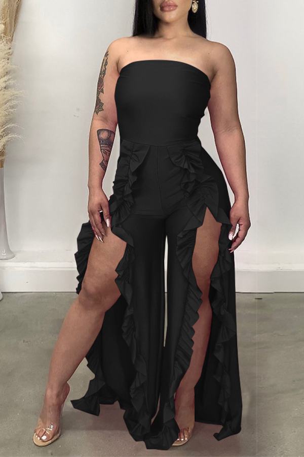 Black Sexy Solid Flounce Strapless Boot Cut Jumpsuits