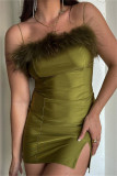 Green Fashion Sexy Solid Patchwork Backless Spaghetti Strap Sleeveless Dress