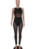 Black Sexy Solid Patchwork See-through O Neck Sleeveless Two Pieces