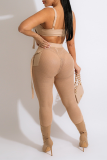 Apricot Sexy Solid Patchwork Spaghetti Strap Two Pieces