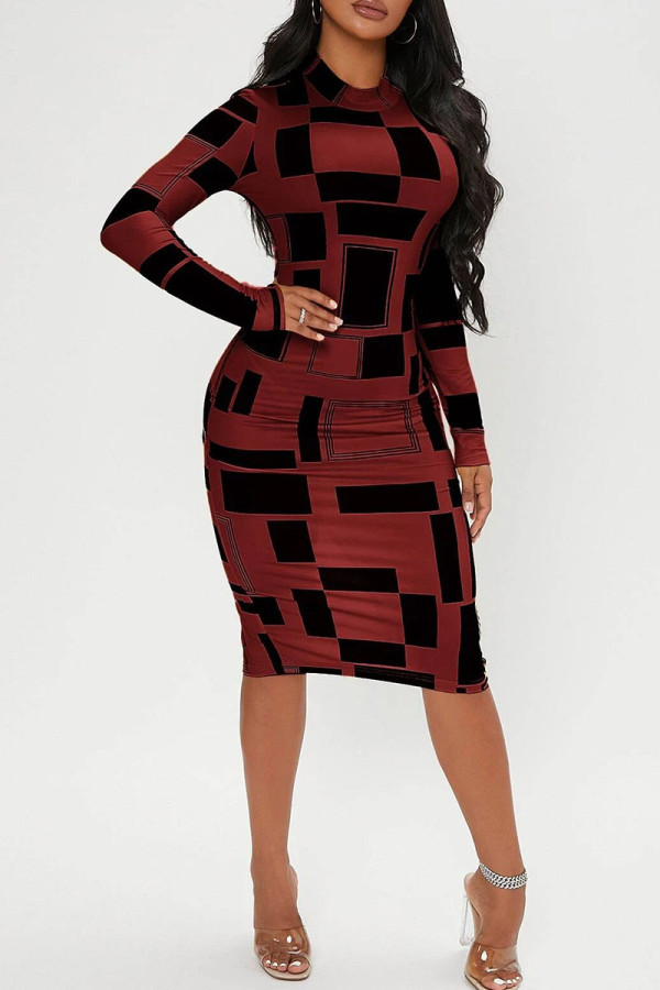 Burgundy Casual Elegant Print Patchwork O Neck One Step Skirt Dresses