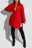 Red Casual Solid Patchwork Frenulum Buckle Slit Turndown Collar Tops