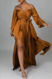 Light Brown Fashion Sexy Solid Backless Slit Off the Shoulder Long Dress Dresses