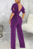 Purple Casual Solid Patchwork V Neck Straight Jumpsuits