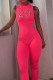 Rose Red Casual Sportswear Solid Embroidered Patchwork Turtleneck Skinny Jumpsuits