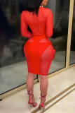 Red Sexy Solid Patchwork See-through Pencil Skirt Dresses