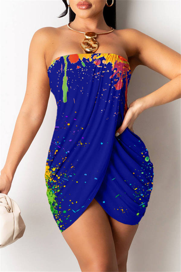 Colorful Blue Sexy Print Backless Asymmetrical Strapless Sleeveless Dress