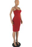 Red Fashion Sexy Solid Backless Spaghetti Strap Pencil Skirt Dresses