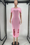 Light Blue Casual Solid Ripped Patchwork O Neck Straight Dresses